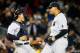NEW YORK, NY - OCTOBER 01: (NEW YORK DAILIES OUT) John Ryan Murphy #66 (L) and Dellin Betances #68 of the New York Yankees celebrate after defeating the Boston Red Sox at Yankee Stadium on October 1, 2015 in the Bronx borough of New York City. The Yan