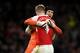 LONDON, ENGLAND - DECEMBER 21: Petr Cech of Arsenal celebrates with Per Mertesacker of Arsenal on the final whistle during the Barclays Premier League match between Arsenal and Manchester City at Emirates Stadium on December 21, 2015 in London, England.