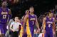 PORTLAND, OR - NOVEMBER 28: Roy Hibbert #17, D'Angelo Russell #1 and Jordan Clarkson #6 of the Los Angeles Lakers look during the game against the Portland Trail Blazers on on November 28, 2015 at the Moda Center in Portland, Oregon. NOTE TO USER: User e