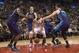 Jan 1, 2016; Toronto, Ontario, CAN; Toronto Raptors guard Kyle Lowry (7) tries to play the ball between Charlotte Hornets players including Marvin Williams (2) and Frank Kaminsky III (44) during the fourth quarter in a game at Air Canada Centre. The Toron