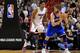 MIAMI, FL - JANUARY 06: Robin Lopez #8 of the New York Knicks posts up Hassan Whiteside #21 of the Miami Heat during a game at American Airlines Arena on January 6, 2016 in Miami, Florida. NOTE TO USER: User expressly acknowledges and agrees that, by dow