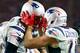 GLENDALE, AZ - FEBRUARY 01: Tom Brady #12 and Julian Edelman #11 of the New England Patriots celebrate after a three yard touchdown pass in the fourth quarter against the Seattle Seahawks during Super Bowl XLIX at University of Phoenix Stadium on Februa