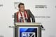 Jan 14, 2016; Baltimore, MD, USA; Jack Harrison shakes speaks at the podium after being selected number one overall by the Chicago Fire during the 2016 MLS SuperDraft at Baltimore Convention Center. Mandatory Credit: Tommy Gilligan-USA TODAY Sports
