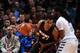 DENVER, CO - JANUARY 15: Hassan Whiteside #21 of the Miami Heat handles the ball against Kenneth Faried #35 of the Denver Nuggets on January 15, 2016 at the Pepsi Center in Denver, Colorado. NOTE TO USER: User expressly acknowledges and agrees that, by d