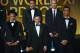(From L) Brazil and FC Barcelona forward Neymar, Brazil and FC Barcelona defender Dani Alves, Argentina and FC Barcelona forward Lionel Messi, Spain and FC Barcelona midfielder Andres Iniesta and Portugal and Real Madrid forward Cristiano Ronaldo pose on