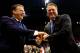 LAWRENCE, KS - JANUARY 30: Head coach John Calipari of the Kentucky Wildcats and head coach Bill Self of the Kansas Jayhawks greet each other prior to the game at Allen Fieldhouse on January 30, 2016 in Lawrence, Kansas. (Photo by Jamie Squire/Getty Ima
