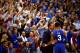 LAWRENCE, KS - JANUARY 30: Head coach John Calipari of the Kentucky Wildcats talks with Tyler Ulis #3 during the final minutes of overtime in the game against the Kansas Jayhawks at Allen Fieldhouse on January 30, 2016 in Lawrence, Kansas. (Photo by Jam