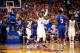 LAWRENCE, KS - JANUARY 30: Devonte' Graham #4 of the Kansas Jayhawks energizes the crowd during the 1st half of the game against the Kentucky Wildcats at Allen Fieldhouse on January 30, 2016 in Lawrence, Kansas. (Photo by Jamie Squire/Getty Images)