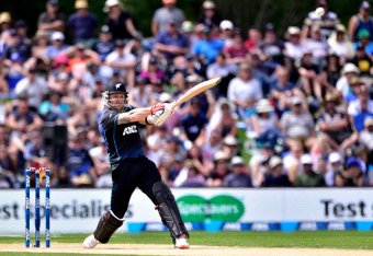 Brendon McCullum of New Zealand plays a shot during the first one-day international cricket match between New Zealand and Sri Lanka at Hagley Park in Christchurch on December 26, 2015.   AFP PHOTO / MARTY MELVILLE / AFP / Marty Melville        (Photo cred