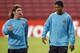 Barcelona's Brazilian midfielder Ronaldinho (R) and Argentinian Leo Messi (L) take part in a training session at the Camp Nou stadium in Barcelona, 06 November 2007 in Barcelona on the eve of their Champions League group E football match against Rangers F