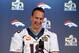 SANTA CLARA, CA - FEBRUARY 04: Peyton Manning #18 of the Denver Broncos speaks to the media during the Broncos media availability for Super Bowl 50 at the Stanford Marriott on February 4, 2016 in Santa Clara, California. The Broncos will play the Carolin