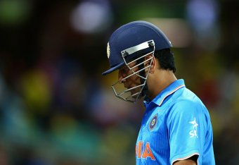 SYDNEY, AUSTRALIA - MARCH 26:  MS Dhoni of India leaves the ground after being run out by Glenn Maxwell of Australia during the 2015 Cricket World Cup Semi Final match between Australia and India at Sydney Cricket Ground on March 26, 2015 in Sydney, Austr