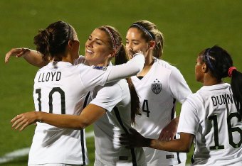 FRISCO, TX - FEBRUARY 10:  Alex Morgan #13 of USA celebrates her goal with Carli Lloyd #10, Morgan Brian #14 and Crystal Dunn #16 against Costa Rica during the 2016 CONCACAF Women's Olympic Qualifying at Toyota Stadium on February 10, 2016 in Frisco, Texa