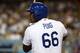 LOS ANGELES, CA - OCTOBER 03: Yasiel Puig #66 of the Los Angeles Dodgers stands on deck in the fourth inning during the MLB game against the San Diego Padres at Dodger Stadium on October 3, 2015 in Los Angeles, California. The Dodgers defeated the Padres