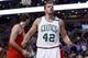 Dec 9, 2015; Boston, MA, USA; Boston Celtics forward David Lee (42) reacts to the crowd after his basket against the Chicago Bulls in the second half at TD Garden. Celtics defeated the Bulls 105-100. Mandatory Credit: David Butler II-USA TODAY Sports