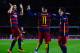 BARCELONA, SPAIN - FEBRUARY 14: (L-R) Luis Suarez of FC Barcelona celebrates with his team mates Neymar and Lionel Messi of FC Barcelona after scoring his team's third goal during the La Liga match between FC Barcelona and Celta Vigo at Camp Nou on Febru