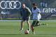 Real Madrid's coach Rafa Benitez (L) watches forward Cristiano Ronaldo (R) during a team training session during the International Champions Cup tournament in Melbourne on July 20, 2015. AFP PHOTO / Paul CROCK -- IMAGE RESTRICTED TO EDITORIAL USE - STRICT