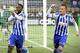 Helsinki's defender from Ghana Gideon Baah (L) celebrates scoring with his team-mate midfielder Mika Vayrynen during the UEFA Europa League Group B football match HJK Helsinki vs FC Copenhagen in Helsinki, Finland on November 27, 2014. AFP PHOTO / L