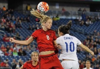 NASHVILLE, TENNESSEE - MARCH 06:  Kathrin Hendrich #8 of Germany heads a ball past Karen Carney #10 of England during the second half of a friendly international match in the Shebelieves Cup at Nissan Stadium on March 6, 2016 in Nashville, Tennessee.  (Ph