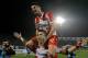 BELGRADE, SERBIA - FEBRUARY 27 : Hugo Oliveira Vieira (TOP) and Marko Grujic (DOWN) of FK Crvena Zvezda celebrate victory after the Serbian Super League match between FK Partizan and FK Crvena Zvezda at Stadium FK Partizan on February 27, 2016 in Belgrade