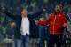 BELGRADE, SERBIA - FEBRUARY 27 : Head coach Miodrag Bozovic (L) and Aleksandar Katai (R) of FK Crvena Zvezda celebrate victory after the Serbian Super League match between FK Partizan and FK Crvena Zvezda at Stadium FK Partizan on February 27, 2016 in Bel