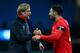 MANCHESTER, ENGLAND - NOVEMBER 21: Jurgen Klopp (L), manager of Liverpool and Emre Can (R) celebrate their 4-1 win in the Barclays Premier League match between Manchester City and Liverpool at Etihad Stadium on November 21, 2015 in Manchester, England.