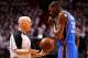 MIAMI, FL - JUNE 17: Referee Joey Crawford #17 talkes with Kevin Durant #35 of the Oklahoma City Thunder on court against the Miami Heat in Game Three of the 2012 NBA Finals on June 17, 2012 at American Airlines Arena in Miami, Florida. NOTE TO USER: Us