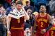 INDIANAPOLIS, IN - FEBRUARY 1: Kevin Love #0 and Kyrie Irving #2 of the Cleveland Cavaliers look on against the Indiana Pacers during the game at Bankers Life Fieldhouse on February 1, 2016 in Indianapolis, Indiana. The Cavaliers defeated the Pacers 111-1