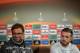 Liverpool's German manager Jurgen Klopp (L) and Liverpool's English midfielder Jordan Henderson attend a press conference at Old Trafford in Manchester, north west England, on March 16, 2016.
Manchester United will play Liverpool in a UEFA Europa League s