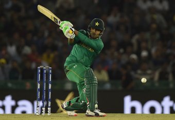 Pakistan's Sharjeel Khan bats during the World T20 cricket match between New Zealand and Pakistan at the Punjab Cricket Stadium Association Stadium in Mohali on March 22, 2016. / AFP / MONEY SHARMA        (Photo credit should read MONEY SHARMA/AFP/Getty I