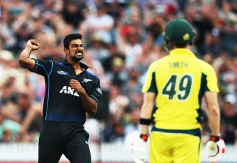 HAMILTON, NEW ZEALAND - FEBRUARY 08: Ish Sodhi of the Black Caps celebrates the wicket of Steve Smith of Australia during the 3rd One Day International cricket match between the New Zealand Black Caps and Australia at Seddon Park on February 8, 2016 in