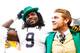 PITTSBURGH, PA - NOVEMBER 07: Jaylon Smith #9 of the Notre Dame Fighting Irish celebrates by wearing the hat of team mascot, Lucky The Leprechaun, following their 42-30 win against the Pittsburgh Panthers at Heinz Field on November 7, 2015 in Pittsburgh,