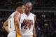 AUBURN HILLS, MI - DECEMBER 6: Kobe Bryant #24 and D'Angelo Russell #1 of the Los Angeles Lakers talk during the game against the Detroit Pistons on December 6, 2015 at The Palace of Auburn Hills in Auburn Hills, Michigan. NOTE TO USER: User expressly ac