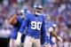 Dec 20, 2015; East Rutherford, NJ, USA; New York Giants defensive end Jason Pierre-Paul (90) reacts after blocking a pass by Carolina Panthers quarterback Cam Newton (not pictured) during the fourth quarter at MetLife Stadium. The Panthers defeated the Gi