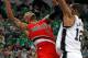 SAN ANTONIO,TX - MARCH 17: Damian Lillard #0 of the Portland Trail Blazers has his shot blocked by LaMarcus Aldridge #12 of the San Antonio Spurs at AT&T Center on March 17, 2016 in San Antonio, Texas. NOTE TO USER: User expressly acknowledges and agree