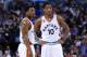 TORONTO, ON - MARCH 28: Kyle Lowry #7 and DeMar DeRozan #10 of the Toronto Raptors talk during the first half of an NBA game against the Oklahoma City Thunder at the Air Canada Centre on March 28, 2016 in Toronto, Ontario, Canada. NOTE TO USER: User exp