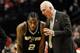 PORTLAND, OR - MAY 10: Gregg Popovich of the San Antonio Spurs has some words with Kawhi Leonard #2 of the San Antonio Spurs in the second half of Game Three of the Western Conference Semifinals against the Portland Trail Blazers during the 2014 NBA Playo