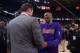 January 14, 2016; Oakland, CA, USA; Golden State Warriors interim head coach Luke Walton (left) and Los Angeles Lakers forward Kobe Bryant (24, right) shake hands after the game at Oracle Arena. The Warriors defeated the Lakers 116-98. Mandatory Credit: K