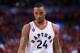 TORONTO, ON - MAY 01: Norman Powell #24 of the Toronto Raptors looks on in the first half of Game Seven of the Eastern Conference Quarterfinals against the Indiana Pacers during the 2016 NBA Playoffs at the Air Canada Centre on May 01, 2016 in Toronto, O