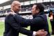 Real Madrid's French coach Zinedine Zidane (L) greets Real Sociedad's coach Eusebio Sacristan before the Spanish league football match Real Sociedad vs Real Real Madrid CF at the Anoeta stadium in San Sebastian on April 30, 2016.
/ AFP / ANDER GILLENEA