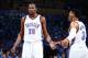 OKLAHOMA CITY, OK- MAY 12: Kevin Durant #35 of the Oklahoma City Thunder shakes hands with Russell Westbrook #0 of the Oklahoma City Thunder during the game against the San Antonio Spurs in Game Six of the Western Conference Semifinals during the 2016 NB