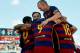 GRANADA, SPAIN - MAY 14: Luis Suarez (9)of FC Barcelona celebrates scoring his team's first goal with his teamates Jordi Alba (18), Daniel Alves, Ivan Rakitic, Lionel Messi (10) and Andres Iniesta Messi during the La Liga match between Granada CF and FC