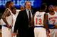 NEW YORK, NY - APRIL 01: Head coach Kurt Rambis of the New York Knicks talks to his team during a time out in the first half against the Brooklyn Nets at Madison Square Garden on April 1, 2016 in New York City. NOTE TO USER: User expressly acknowledges a