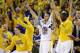 OAKLAND, CA - MAY 26: Stephen Curry #30 and the bench of the Golden State Warriors react to a score against the Oklahoma City Thunder during Game Five of the Western Conference Finals during the 2016 NBA Playoffs at ORACLE Arena on May 26, 2016 in Oaklan