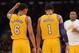 Mar 8, 2016; Los Angeles, CA, USA; Los Angeles Lakers guard Jordan Clarkson (6) and Lakers guard D'Angelo Russell (1) speak in the second half of the game against the Orlando Magic at Staples Center. The Lakers won 107-98. Mandatory Credit: Jayne Kamin-On