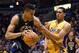 Feb 22, 2016; Milwaukee, WI, USA; Milwaukee Bucks forward Giannis Antetokounmpo (34) drives for the basket against Los Angeles Lakers guard Jordan Clarkson (6) in the second quarter at BMO Harris Bradley Center. Mandatory Credit: Benny Sieu-USA TODAY Spo