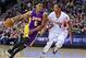 Jan 23, 2016; Portland, OR, USA; Los Angeles Lakers guard Jordan Clarkson (6) drives past Portland Trail Blazers guard C.J. McCollum (3) during the first quarter at the Moda Center. Mandatory Credit: Craig Mitchelldyer-USA TODAY Sports