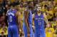 OAKLAND, CA - MAY 30: Russell Westbrook #0, Kevin Durant #35 and Steven Adams #12 of the Oklahoma City Thunder stand on the court in Game Seven of the Western Conference Finals against the Golden State Warriors during the 2016 NBA Playoffs at ORACLE Aren