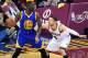 Jun 10, 2016; Cleveland, OH, USA; Golden State Warriors forward Draymond Green (23) handles the ball against Cleveland Cavaliers guard Matthew Dellavedova (8) during the second quarter in game four of the NBA Finals at Quicken Loans Arena. Mandatory Credi
