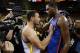 OAKLAND, CA - MAY 30: Stephen Curry #30 of the Golden State Warriors speaks with Kevin Durant #35 of the Oklahoma City Thunder after their 96-88 win in Game Seven of the Western Conference Finals during the 2016 NBA Playoffs at ORACLE Arena on May 30, 20
